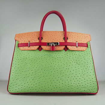 Hermes Birkin 40Cm Ostrich Stripe Handbags Red/Orange/Green Silv